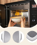 Easy Install No Drill Child Proof Lock for Oven Door Microwave; hands placing bowl in microwave next to security lock