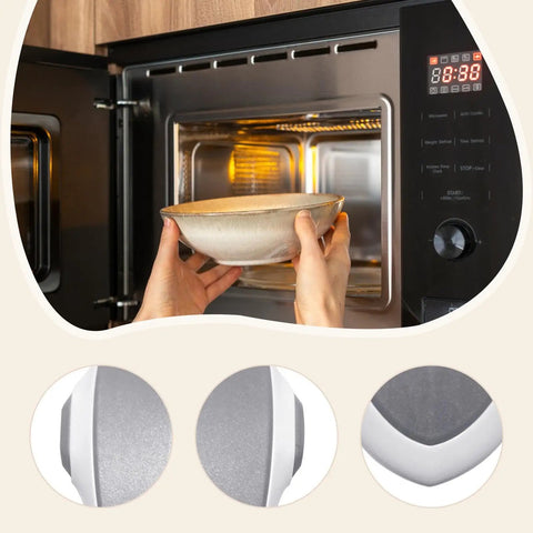 Easy Install No Drill Child Proof Lock for Oven Door Microwave; hands placing bowl in microwave next to security lock