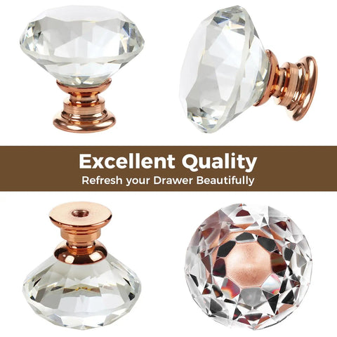 26 Piece Crystal Rose Gold Glass Cabinet Knob Set With 1-1/4 Inch Knobs and 3/4 Inch Bases, 30 mm Decorative Drawer Pulls