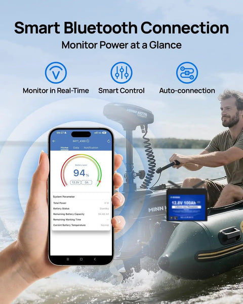 12V LiFePO4 Battery For Trolling Motors With Bluetooth And Low Temp Cutoff, Group 24 100Ah on boat with app monitoring