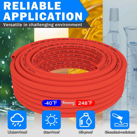 Red pneumatic air tubing coil for 1/4 in and 3/8 in OD lines, 100 ft and 50 ft lengths, DOT rated kit