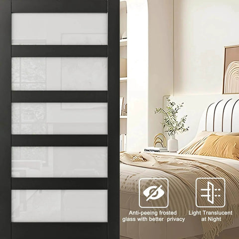 Black PVC Surface Solid Core Wood Frosted Glass Sliding Barn Door With Installation Hardware Kit 60 By 84 Inches Soft Close Durable Hardware For 100000 Open And Close Cycles Easy DIY Installation partially closed in bedroom scene.