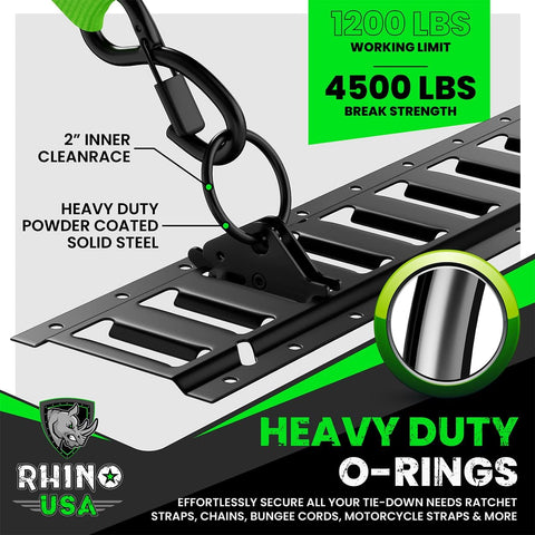 Heavy Duty 18 Piece E Track Rail Tie Down Kit With Accessories Includes 4 Rails 5 Foot E Track System 2 Ratchet Straps 4 Rope Tie Offs And 8 O Ring Anchors Lifetime Warranty For Trailers And Cargo featuring heavy duty O-rings and powder coated steel rail.