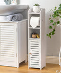 Toilet Paper Holder Stand No Drill PVC Portable for small bathrooms in apartments, shown in white beside sink, compact storage solution.