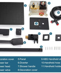 Components of the 10 Inch Rain Shower System With Wall Mount And Pressure Balance Valve ABS Handheld Shower And Rain Head Matte Black Two Way Faucet Trim Kit For DIY Pro Grade Spa Quality Bathroom Remodel including shower head, valve, and handheld parts.
