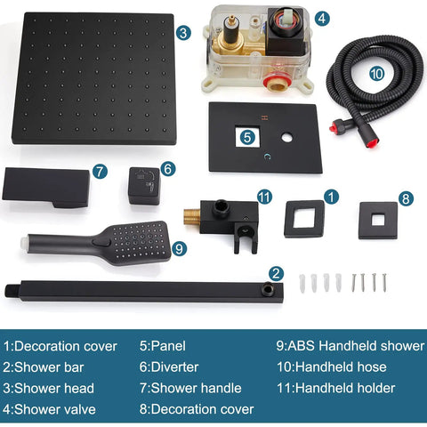 Components of the 10 Inch Rain Shower System With Wall Mount And Pressure Balance Valve ABS Handheld Shower And Rain Head Matte Black Two Way Faucet Trim Kit For DIY Pro Grade Spa Quality Bathroom Remodel including shower head, valve, and handheld parts.