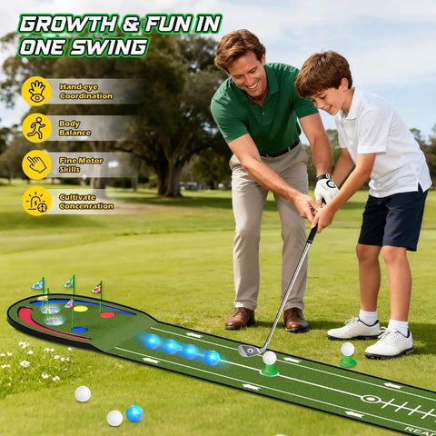 Father and son using Kids Golf Putting Mat 7.8 Ft With LED Light Up Holes Glowing Balls Two Clubs Indoor Outdoor Toy on grass