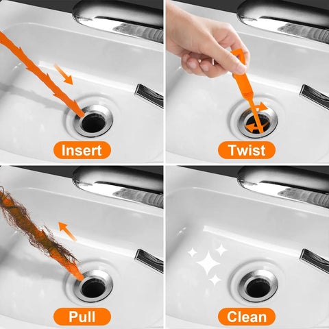 4-step process using 25 Inch Drain Snake Hair Remover Set, 3 Pack Flexible Drain Augers for clogs in sink drain.