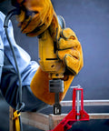 17 Piece Magnetic Nut Driver Set for SAE and Metric used with power drill on wooden framework, showcasing magnetic retention.