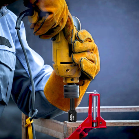 17 Piece Magnetic Nut Driver Set for SAE and Metric used with power drill on wooden framework, showcasing magnetic retention.