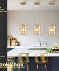 Gold Pendant Light Set Of 3 With Spiral Cage And Seeded Glass Shades for Kitchen Island, Modern Farmhouse Vibe