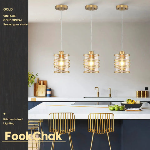 Gold Pendant Light Set Of 3 With Spiral Cage And Seeded Glass Shades for Kitchen Island, Modern Farmhouse Vibe