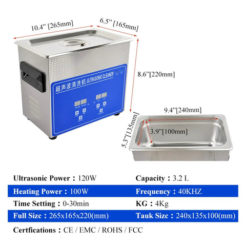 Heavy Duty Digital Ultrasonic Cleaner 3.2L Tank With Basket showing dimensions and specifications for precision cleaning.