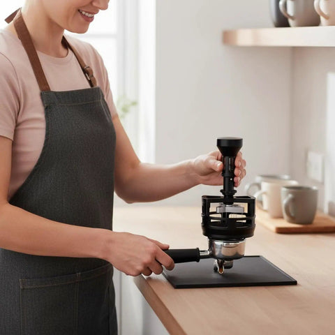 Solid Game Changer Espresso Pin Distributor And Coffee Clump Breaker Tool For Portafilter in use on a countertop.