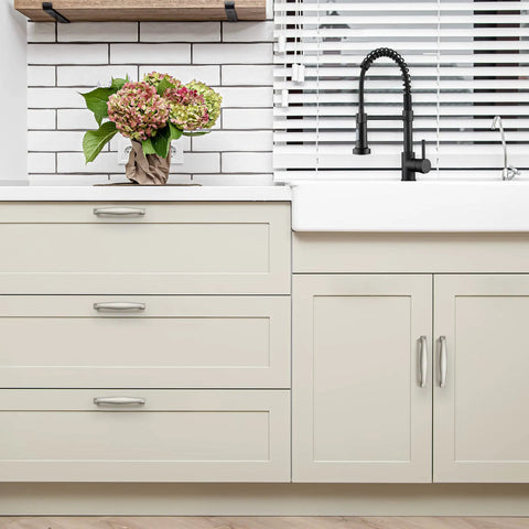 Kitchen cabinets with 60 Pack Solid 3-3/4 Inch Cabinet Handles In Brushed Nickel Or Satin Nickel, 4-1/4 Inch Overall Length.