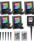 Outdoor RGB LED Flood Lights 10W Waterproof Security Lights With Remote US Plug 120 Degree Beam, 5 pack displayed with stakes and remotes