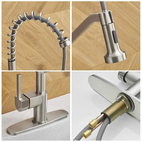 Close-up details of Brushed Nickel Kitchen Faucet With Pull Down Sprayer, Single Handle, Single Hole Mount, includes deck plate.