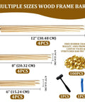 Six Frame Sizes Needlepoint Stretcher Bar Kit With 12 Premium Wooden Frames In Six Eight And Twelve Inch Sizes Plus 100 Tacks Rubber Mallet And Pry Tool For Embroidery And Cross Stitch Perfect For Beginners And DIY Crafters shown with frames, tacks, mallet, and pry tool