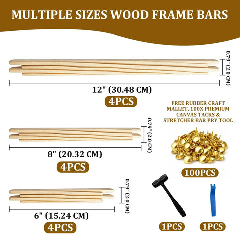 Six Frame Sizes Needlepoint Stretcher Bar Kit With 12 Premium Wooden Frames In Six Eight And Twelve Inch Sizes Plus 100 Tacks Rubber Mallet And Pry Tool For Embroidery And Cross Stitch Perfect For Beginners And DIY Crafters shown with frames, tacks, mallet, and pry tool