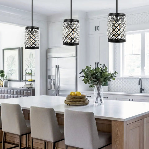 Modern Black Crystal Pendant Lights With 108 Prism Glasses Matte Black Industrial Style 1 Light Hanging Ceiling Lamp in a kitchen