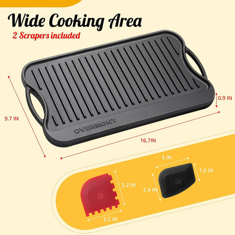 Reversible Cast Iron Grill Pan For Stovetop, 17 By 9.8 Inch Dual Sided Griddle. Ribbed side with included scrapers, dimensions shown.