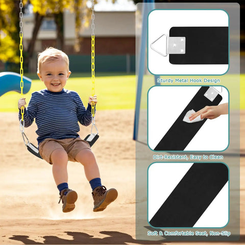 Child on Two Pack Swing Seats With Metal Triangle Ring 30.4 By 5.9 Inch Supports 300 Lb Heavy Duty Replacement For Outdoor Playground Trees Backyard Kids And Adults Black