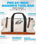 Heavy Duty Canvas Tool Bag 24 Inch Wide With Reinforced Frame And Suede Leather Bottom, Rugged Masonry Straps, Built For Construction Pros