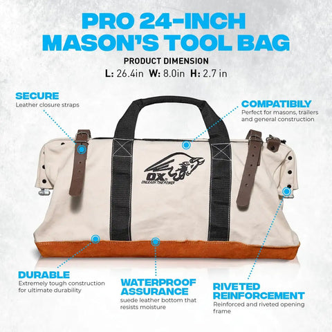 Heavy Duty Canvas Tool Bag 24 Inch Wide With Reinforced Frame And Suede Leather Bottom, Rugged Masonry Straps, Built For Construction Pros