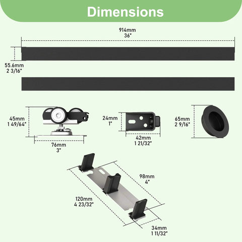 Dimensions of Aluminum Bypass Sliding Door Hardware Kit For Double Closet Doors, Heavy Duty Black, showing rails and components.