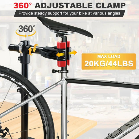 Bike Repair Stand Wall Mount Workbench Rack Clamp Height Adjustable For Road And Mountain Bikes, showing adjustable clamp.
