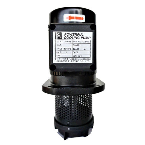 Front view of black immersion coolant pump for lathe/bandsaw, 1/8 HP, flange-mount with perforated intake.