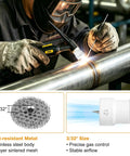 Welder using Ceramic TIG Welding Cup Kit, 5 Pack Size 12 with 3 32 Diffuser on metal pipe for wider shielding gas coverage.