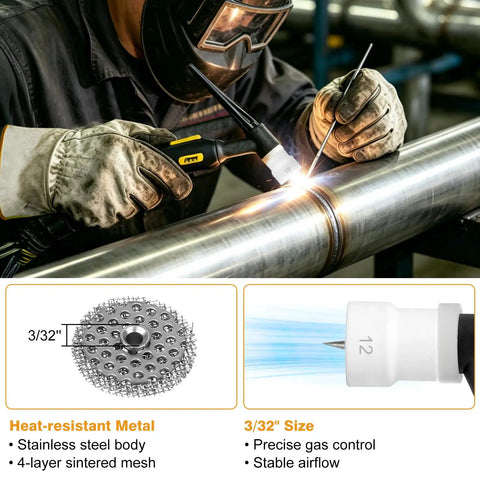 Welder using Ceramic TIG Welding Cup Kit, 5 Pack Size 12 with 3 32 Diffuser on metal pipe for wider shielding gas coverage.