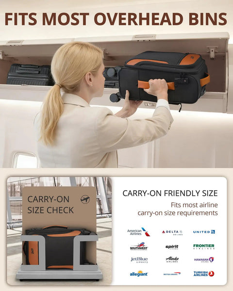 Woman placing Lightweight 20 Inch Softside Carry On Luggage With Four Spinner Wheels into overhead bin, showing fit and size check guide.