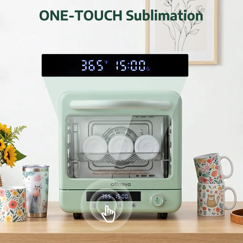 Huge 20 Liter Sublimation Oven For Mugs Tumblers And Bottles Featuring Hella Smooth One Touch Auto Bake Mode with display and mugs.