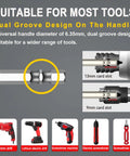 Dual groove handle design for various tools with 6.35mm diameter. Compatible with electric drills and screwdrivers.