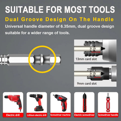 Dual groove handle design for various tools with 6.35mm diameter. Compatible with electric drills and screwdrivers.