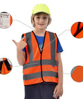 Premium Bright Orange Custom Printed Kids Reflective Vest High Visibility Safety Gear For School Run With Slick Adjustable Straps, child wearing vest.