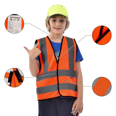 Premium Bright Orange Custom Printed Kids Reflective Vest High Visibility Safety Gear For School Run With Slick Adjustable Straps, child wearing vest.