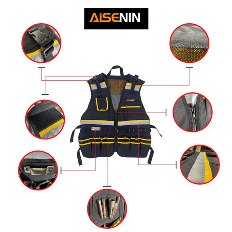 Reflective Safety Tool Vest With Multiple Pockets And Zipper Heavy Duty Work Vest for Electricians and Carpenters detailing.