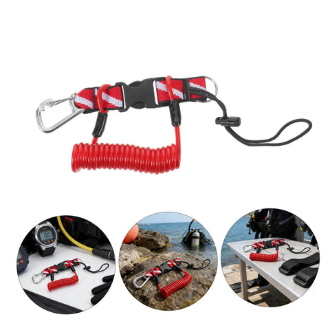 Coiled Diving Lanyard With Quick Release Buckle For Underwater Camera And Flashlight Securement, Red Scuba Webbing Strap, Steel Spring Tether
