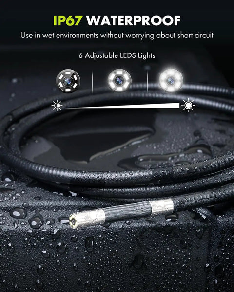 360 Degree Four Way Articulating Borescope with Tiny 0.26 Inch Probe IP67 waterproof with six LED lights on wet surface