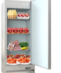 Rock Solid Heavy Duty 25 Inch Single Door Stainless Steel Commercial Freezer 11 Cubic Foot Reach In Unit displaying frozen foods.