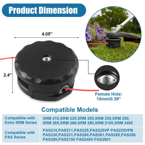 2 Pack String Trimmer Head For SRM Series Straight Shaft Trimmers showing product dimensions and compatibility models.