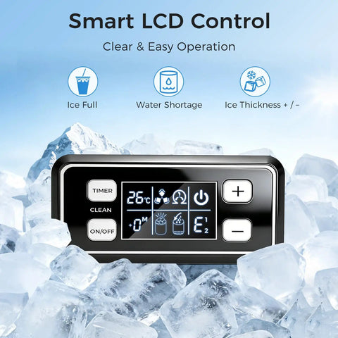 Smart LCD control panel of Straight Fire Commercial Ice Maker Cranks Out 100 Pounds Daily With 33 Pounds Storage Drops Crystal Clear Cubes.