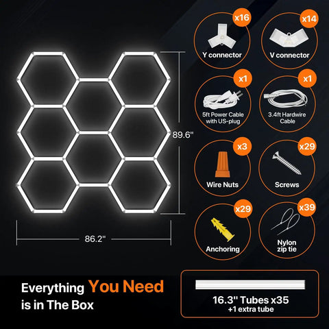 Eight Grid Honeycomb Hexagon LED Garage Light 245W Ultra Bright 6500K Cool White components including connectors and tubes