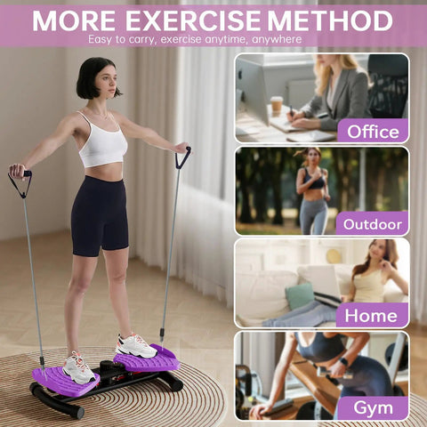 Woman using 440 Lbs Weight Capacity Waist Twister Machine for Slim Waist and Core with Smart LED Display, indoors in purple.