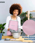 Woman using Pink 12 Piece Garden Tool Set With Aluminum Hand Tools Non Slip Handles Includes Kneeling Pad Apron Gloves And Organizer Bag