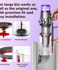 Dust Bin Replacement For V11 Origin V15 Detect V15S SV14 SV15 SV22 Vacuum Cleaners Must Have Easy Click In Canister Replacement Part 97005001 And 96544301 showing installation process.