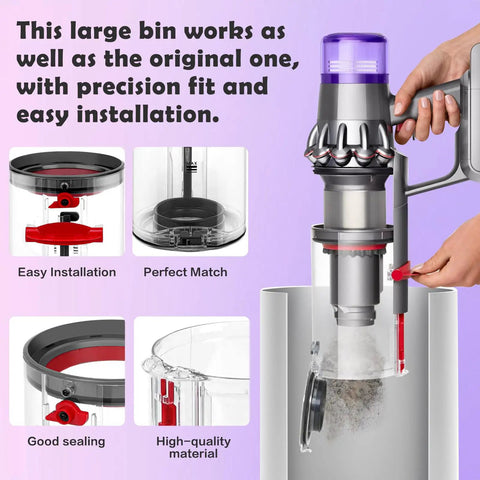 Dust Bin Replacement For V11 Origin V15 Detect V15S SV14 SV15 SV22 Vacuum Cleaners Must Have Easy Click In Canister Replacement Part 97005001 And 96544301 showing installation process.